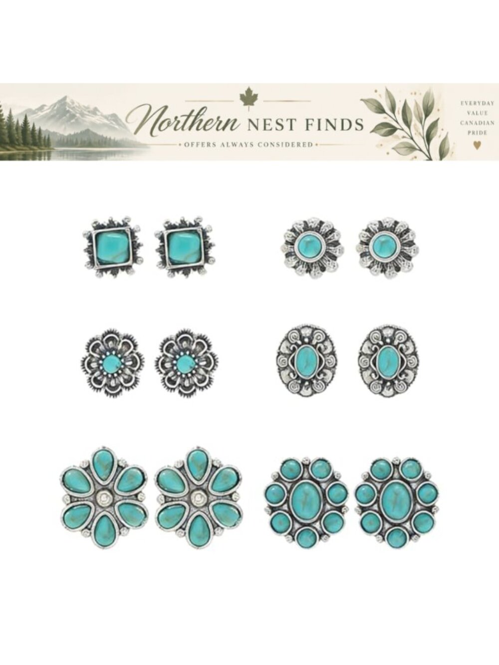6 Pairs Bohemian Turquoise Stud Earrings Set Western Cowgirl Ethnic